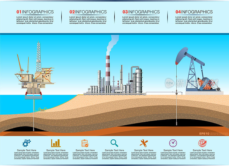 Pump Jack, Drilling Rig and Refinery Infographic. Oil And Gas Production